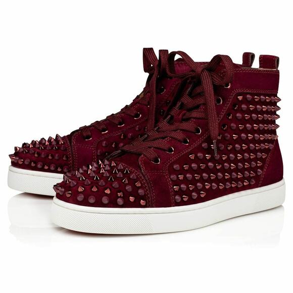 Christian Louboutin Mens Louis Flat Spike Prunus Red Mix High Top Sneaker 45 12 - Picture 1 of 12